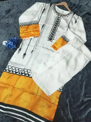 2 Pcs Women's Stitched Silk Printed Shirt And Trouser
