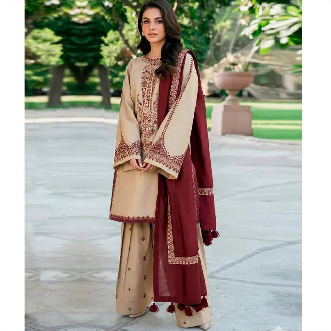 3 Pcs Women's Unstitched Embroidered Suit