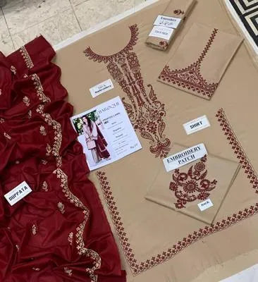 3 Pcs Women's Unstitched Embroidered Suit