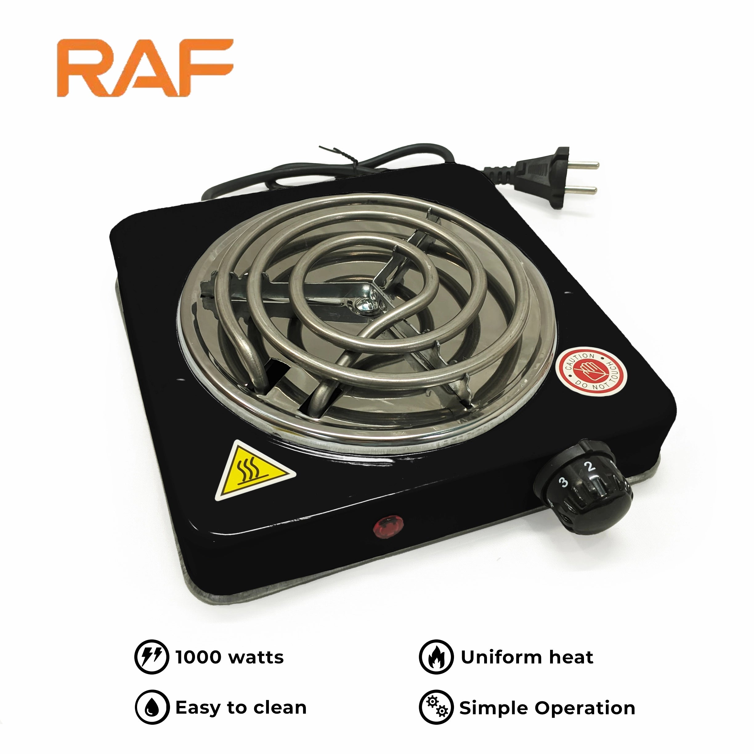 White RAF R.8010B Electric Stove Hot Plate and Cooker with 1000W Power, Thermostat, and Uniform Heating
