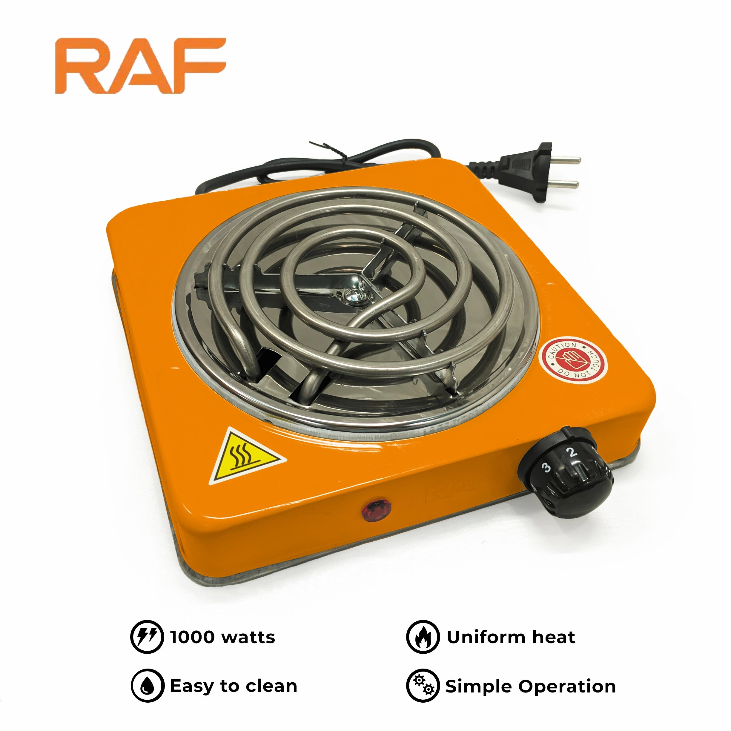 White RAF R.8010B Electric Stove Hot Plate and Cooker with 1000W Power, Thermostat, and Uniform Heating